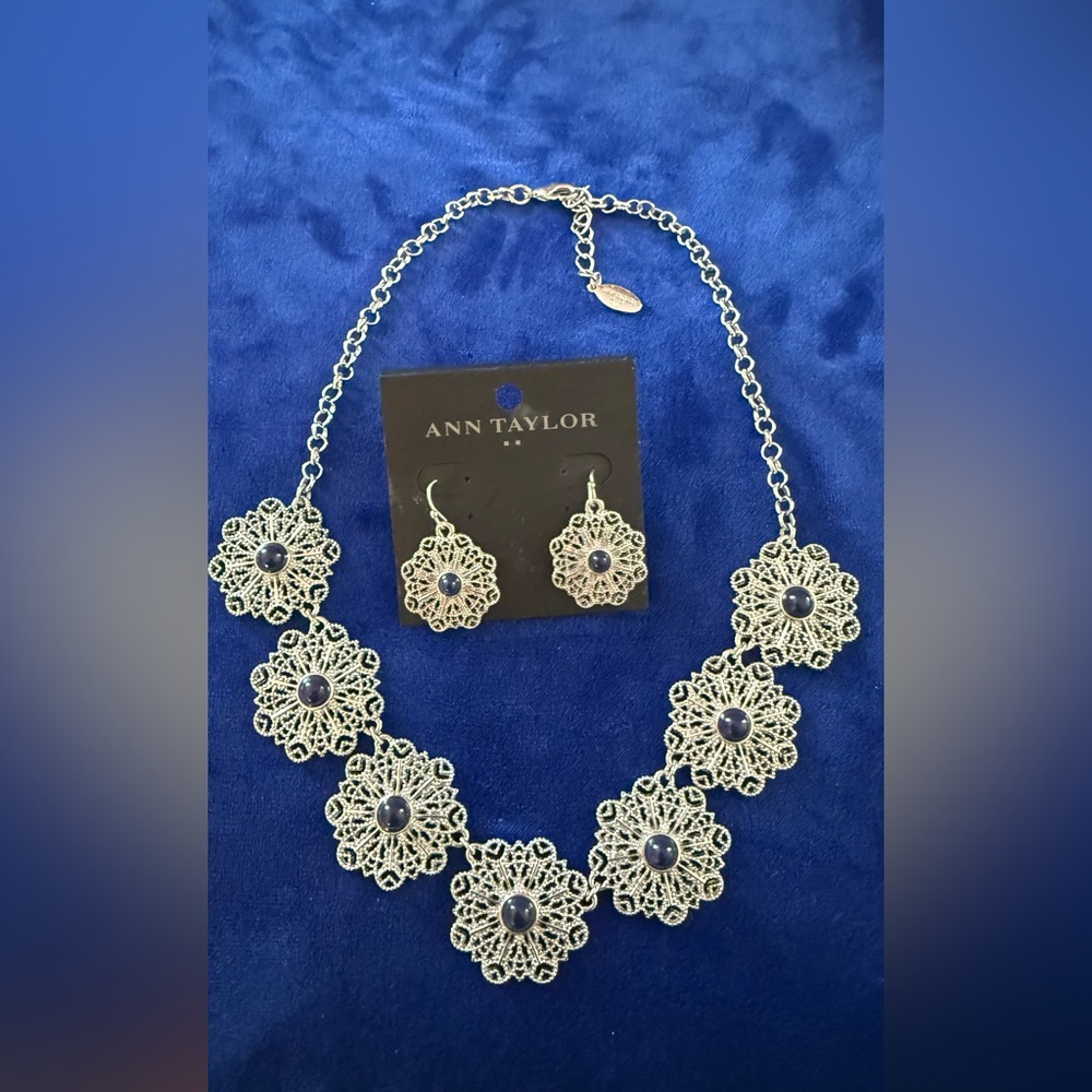Ann Taylor Silver Filigree Necklace and Earring Set with Blue Accents